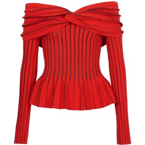 Balmain, Blouses & Shirts, Dames, Rood, XS, Polyester, Geknoopte off-shoulder top