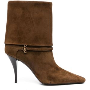 Saint Laurent, Schoenen, Dames, Bruin, 40 EU, Leer, Bruine Leren Enkellaarzen Cassandre Stijl