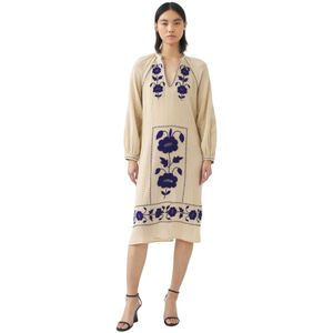 Antik Batik, Jurk met met de hand geborduurde zijden details Ila Beige, Dames, Maat:M