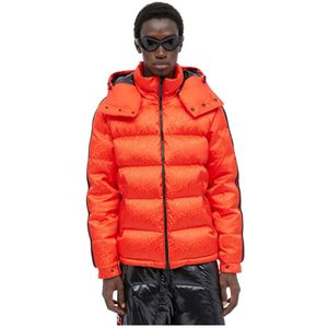 Moncler, Jassen, Heren, Oranje, XS, Logo Jacquard Donsjas