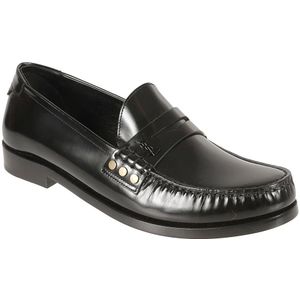 Saint Laurent, Schoenen, Heren, Zwart, 40 EU, Leer, Zwarte platte loafer moc schoenen