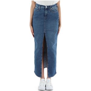 Calvin Klein Jeans, Rokken, Dames, Blauw, W27, Denim, Denim Lange Rok met Voor Split