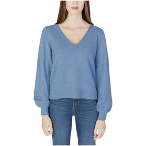 Vila, Truien, Dames, Blauw, L, Polyester, Dames V-Hals Gebreide Top