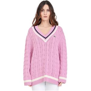 Lacoste, Truien, Dames, Roze, XL, Katoen, Roze V-hals Sweater met Gevlochten Textuur