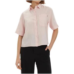 Tommy Hilfiger, Linnen Cropped Shirt met Geborduurd Logo Roze, Dames, Maat:XS