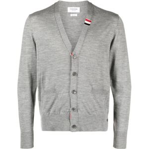 Thom Browne, Truien, Heren, Grijs, XL, Wol, Grijze RWB-Stripe Button-Up Cardigan Sweater