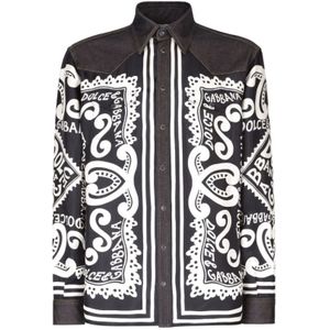 Dolce & Gabbana, Overhemden, Heren, Zwart, M, Denim, Grafische Print Denim-Trim Overhemd