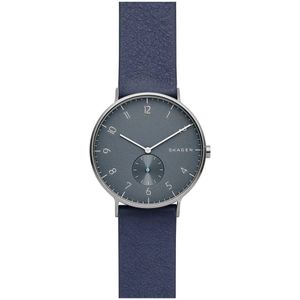 Skagen, Analoge Quartz Horloge met Leren Band Blauw, Heren, Maat:ONE Size