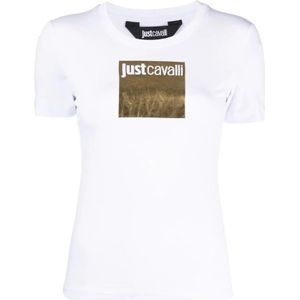 Just Cavalli, Tops, Dames, Wit, XS, Katoen, Witte korte mouwen katoenen T-shirt met gouden print en logo