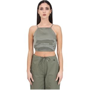 Calvin Klein Jeans, Olijfgroene Satijnen Crop Top met Vierkante Hals Groen, Dames, Maat:M