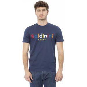 Baldinini, Tops, Heren, Blauw, M, Katoen, Trend Blauw Katoenen T-Shirt, Korte Mouwen met Voorkant Print