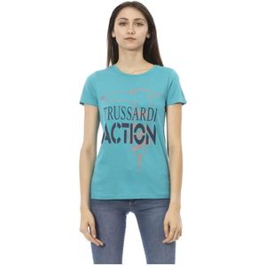 Trussardi, Tops, Dames, Blauw, XS, Katoen, Lichtblauw Katoenen T-Shirt met Voorkant Print