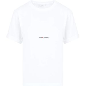 Saint Laurent, Tops, Dames, Wit, L, Katoen, Wit Logo T-Shirt Ronde Hals Korte Mouw