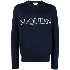 Alexander McQueen, Truien, Heren, Blauw, L, Katoen, Blauwe Logo Geborduurde Trui