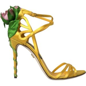 Dolce & Gabbana, Schoenen, Dames, Geel, 39 EU, Satijn, Gele Bloemen Satijnen Hak Sandalen