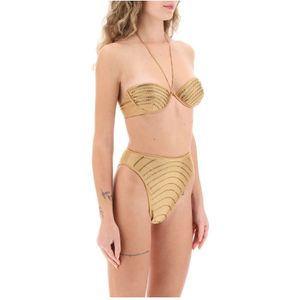 Oseree, Badkleding, Dames, Beige, S, Leer, Rhinestone Bikini Set Metallic Lycra