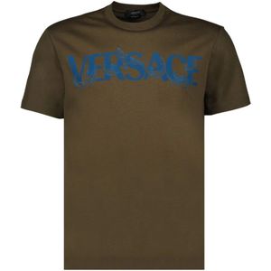 Versace, Tops, Heren, Groen, M, Katoen, Logo Print Ronde Hals T-shirt