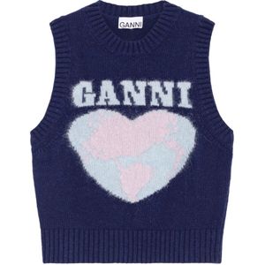 Ganni, Truien, Dames, Blauw, M, Wol, Blauwe Intarsia-Gebreide Trui