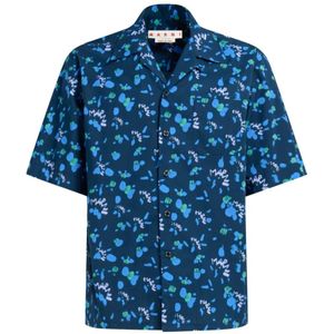 Marni, Overhemden, Heren, Blauw, XL, Katoen, Kortemouw Bowling Shirt met Dripping Print