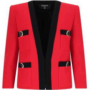 Balmain, Jassen, Dames, Rood, M, Wol, Rode Wol V-Hals Jas met Gouden Knoopdetails