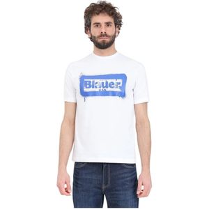 Blauer, Tops, Heren, Wit, XL, Katoen, Wit T-shirt met Blauwe Print