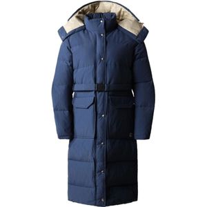 The North Face, Blauwe gewatteerde lange jas met afneembare capuchon Blauw, Dames, Maat:M