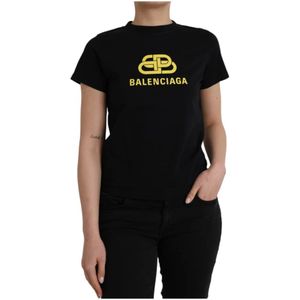 Balenciaga, Tops, Dames, Zwart, L, Katoen, Zwart Katoenen Logo Print T-Shirt