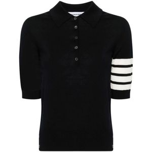 Thom Browne, Tops, Dames, Blauw, S, Wol, Blauwe Gebreide Poloshirt met Strepen