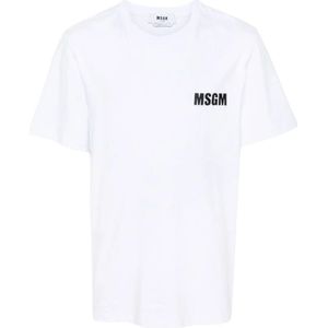 Msgm, Logo Print Crew Neck T-shirt Wit, Heren, Maat:S