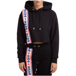 Gcds, Sweatshirts & Hoodies, Dames, Zwart, S, Katoen, Logo streep bijgesneden hoodie