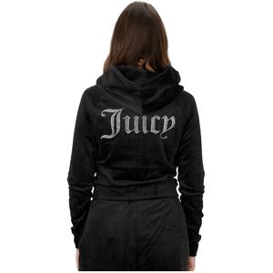 Juicy Couture, Sweatshirts & Hoodies, Dames, Zwart, XS, Polyester, Zwarte Velvet Hoodie met Zilveren Strass Logo