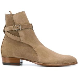 Saint Laurent, Schoenen, Heren, Beige, 43 EU, Leer, Beige Leren Enkellaarzen Metalen Gesp