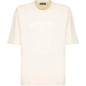 Dolce & Gabbana, Tops, Heren, Beige, S, Katoen, Logo Print Crew Neck T-shirt