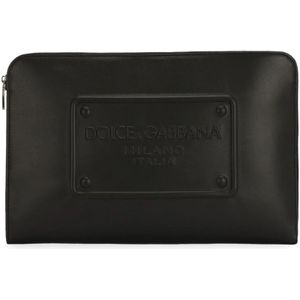Dolce & Gabbana, Tassen, Heren, Zwart, ONE Size, Leer, Zwarte Logo-Ingedrukte Leren Clutch Tas