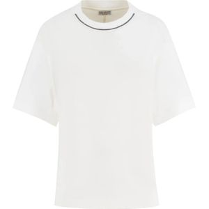 Brunello Cucinelli, Tops, Dames, Wit, XL, Katoen, Katoenen T-shirt met Geborduurde Halslijn