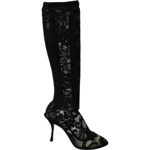 Dolce & Gabbana, Schoenen, Dames, Zwart, 36 EU, Elegante Kant Sokken Laarzen Schoenen Pumps