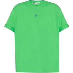Stella McCartney, Tops, Dames, Groen, S, Katoen, Groene biologisch katoenen T-shirt met sterrenborduursel