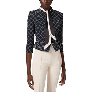 Elisabetta Franchi, Jassen, Dames, Blauw, XL, Jasje met Diamantprint Stretch Crêpe