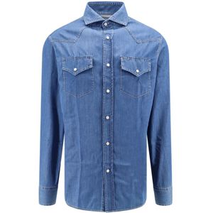 Brunello Cucinelli, Overhemden, Heren, Blauw, XL, Katoen, Blauw Overhemd met Franse Kraag