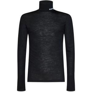 Jil Sander, Zwarte Logo-Print Roll-Neck Trui Zwart, Heren, Maat:M