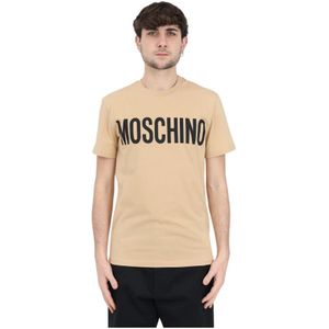 Moschino, Tops, Heren, Beige, XL, Katoen, Zwart Logo Print Beige T-shirt