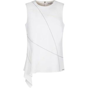 Calvin Klein, Tops, Dames, Wit, XS, Polyester, Asymmetrische Mouwloze Top met Ronde Halslijn