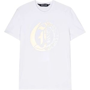 Just Cavalli, Tops, Heren, Wit, XL, Katoen, Wit Katoen Logo Print T-shirt