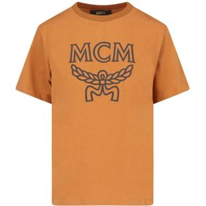 Mcm, Bruine Logo Print T-shirt voor Heren Bruin, Heren, Maat:S