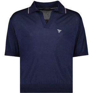 Prada, Tops, Heren, Blauw, S, Zijden V-hals Polo Shirt
