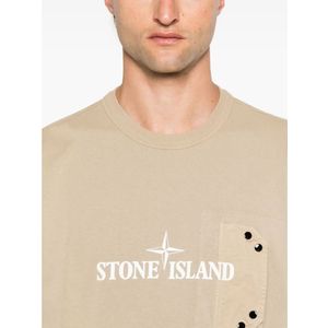 Stone Island, Tops, Heren, Beige, L, Katoen, Beige Katoen Logo Print T-shirt