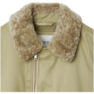 Burberry, Jassen, Heren, Groen, M, Katoen, Licht Khaki Katoenen Bomberjack met Shearling Kraag