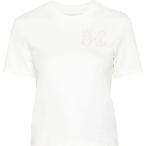 Palm Angels, Tops, Dames, Wit, S, Katoen, Witte T-shirts en Polos met geborduurd logo