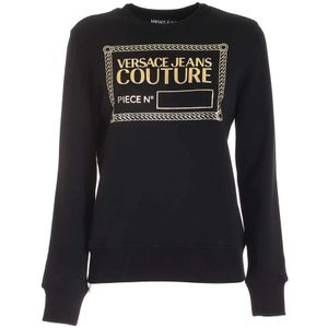 Versace Jeans Couture, Sweatshirts & Hoodies, Dames, Zwart, S, Katoen, Zwarte Katoenen Sweatshirt met Rubberen Logo Print