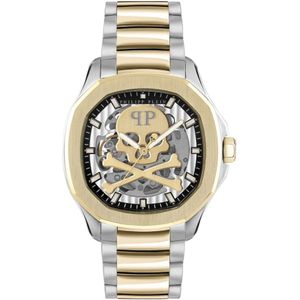 Philipp Plein, Accessoires, Heren, Grijs, ONE Size, Automatisch Stalen Horloge, Zilveren Kast, Gouden Band